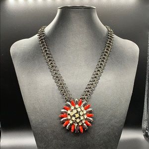 Red rhinestone statement necklace gunmetal grey